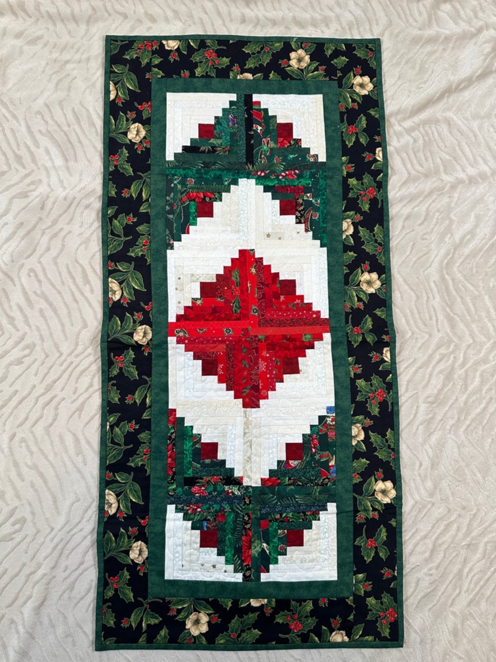 Festive Red and Green Quilted Table Runner - Holiday Floral Design 36x17